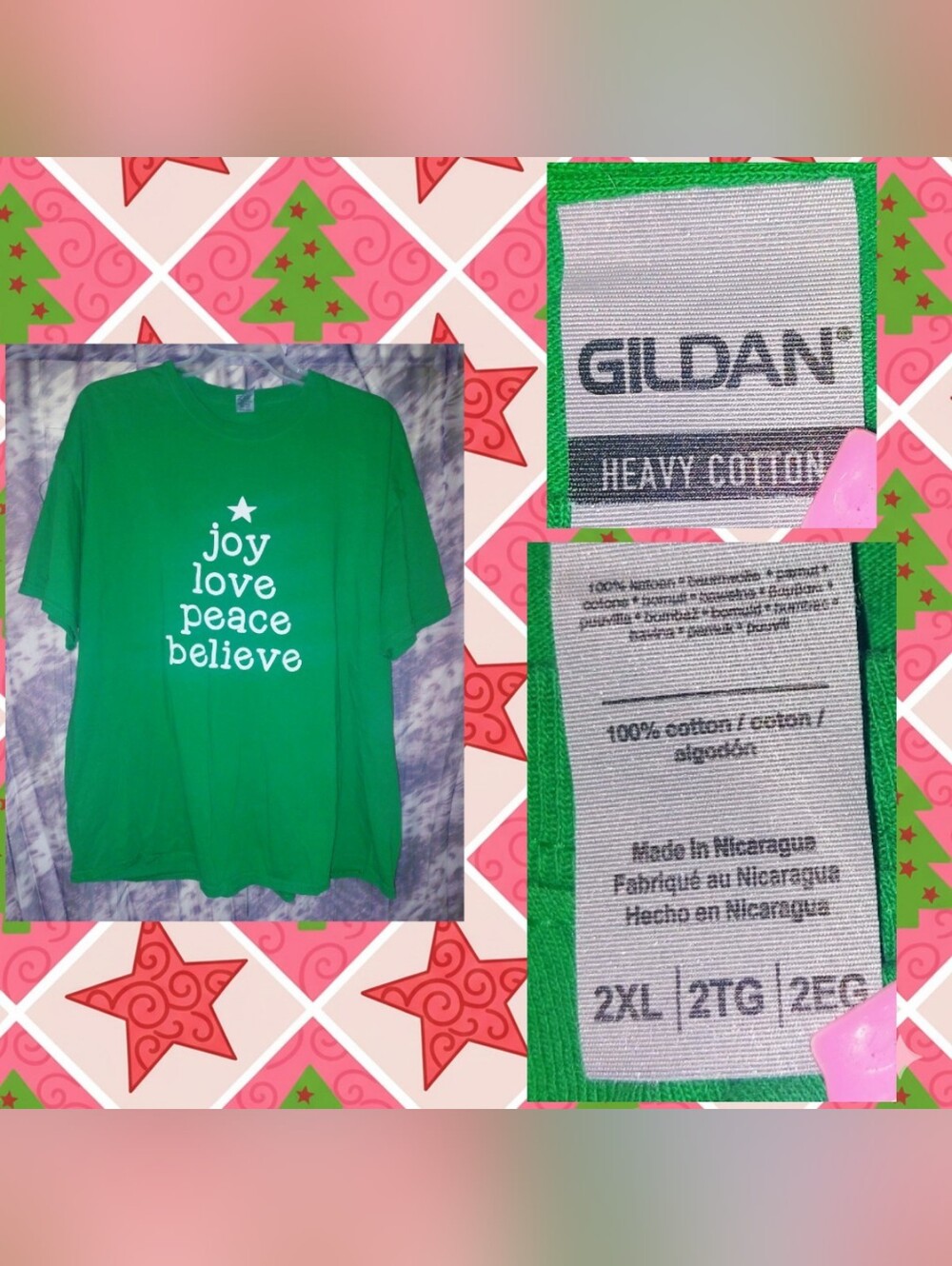 Gildan Kelly Green w/White Christmas Theme Words Print Soft Knit T-Shirt Sz 2XL